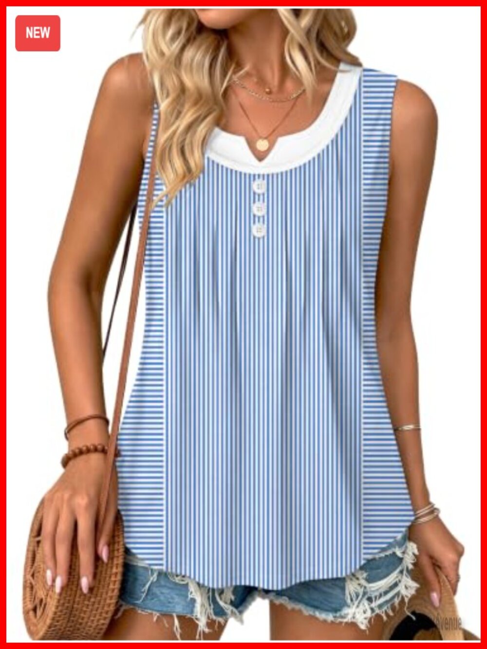 Women's Pleated Front Striped Tank Top Curved Hem Flowy Sleeveless Summer Shirt